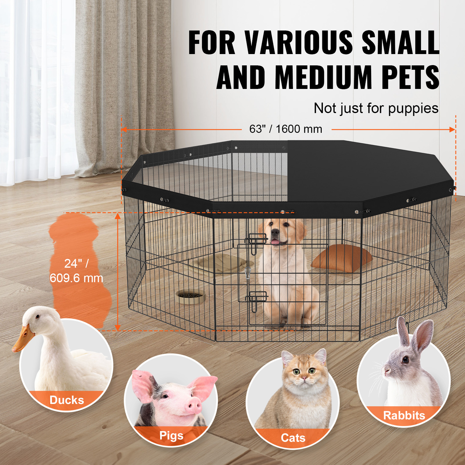 Dog Playpen, 8 Panels Foldable Metal Dog Exercise Pen With Top Cover, 24" H Pet Fence Puppy Crate Kennel With Ground Stakes, Indoor Outdoor Dog Pen For Small Medium Pets, For Camping, Yard_maomaolike.com